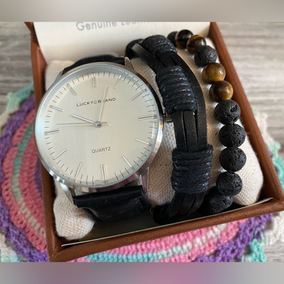 Lucky Brand Leather Strap Watch & Bracelets Set 40mm ✨ Black | Stainless